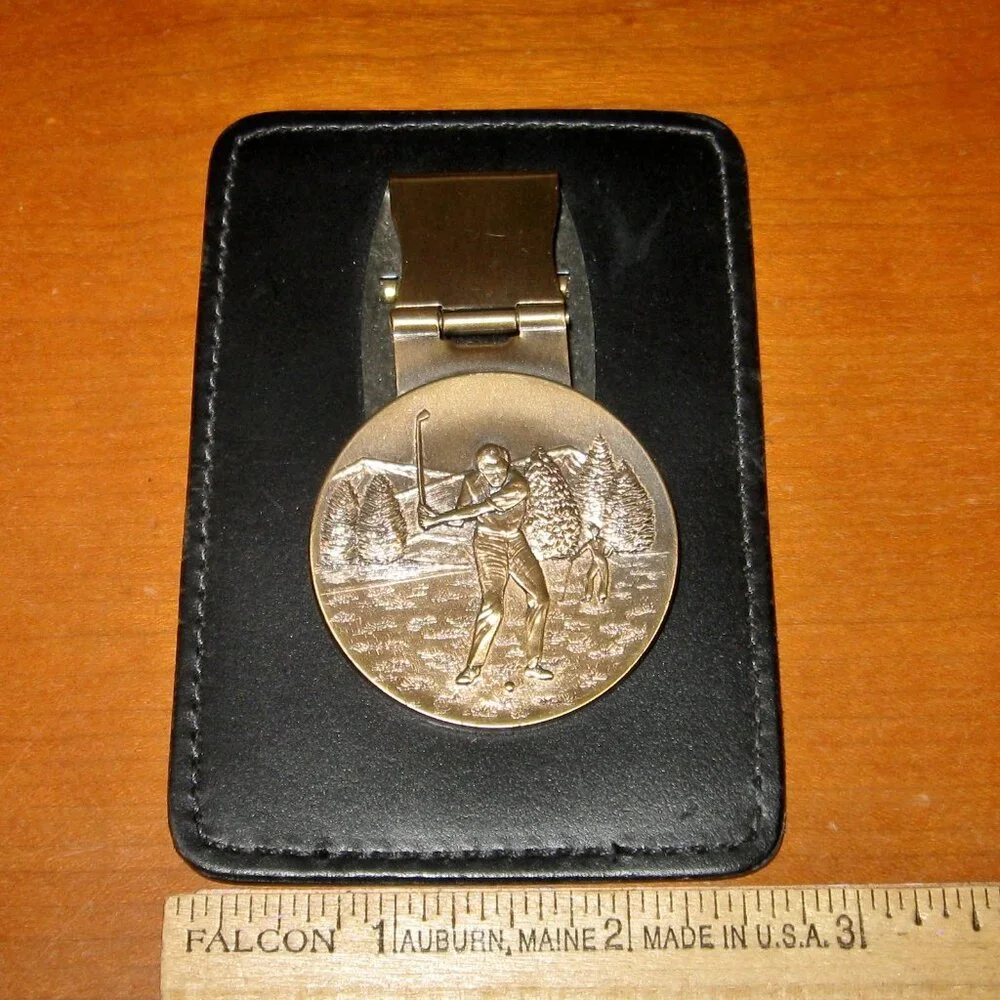 Golf Theme Leather Metal Money Clip Embossed Golfer Slip Pocket for Credit Card